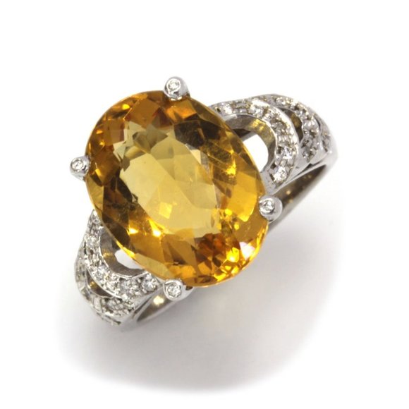 7.2 ctw Natural Yellow Citrine & Diamond Cocktail Ring 14K White Gold - Picture 1 of 7